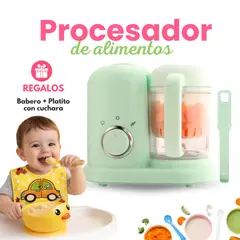 GENERICO - Procesador de Alimentos 3 en 1 para Bebés REGALO: Platito con cubierto + Babero / VERDE
