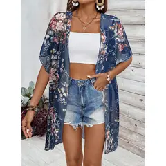 KAST PE - Kimono Floralis Cardigan Azul con estampado floral Talla L