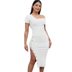 GENERICO - Vestido Asimetrico Rip Grueso Manga Corta Con Broches Col-24 Color Perla