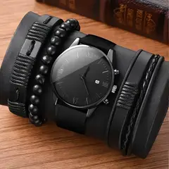 GENERICO - Reloj para Hombre Minimalista Negro + 4 Pulseras de Cuero