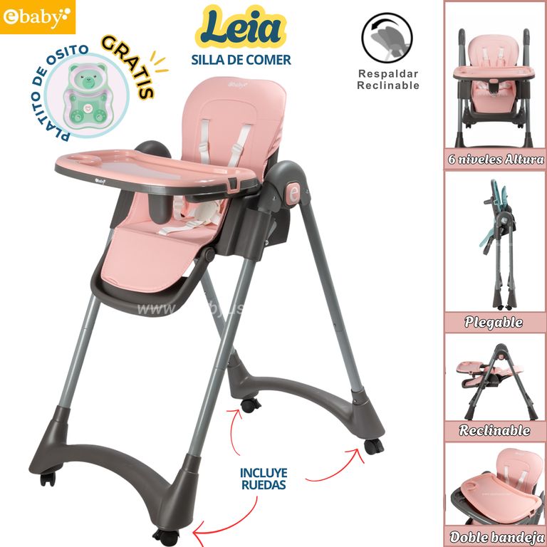 Silla de comer Plegable con altura graduable Leia Rosado