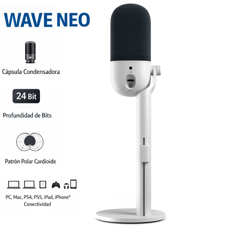 Micrófono Wave Neo Condensador USB Plug And Play PC Mac blanco