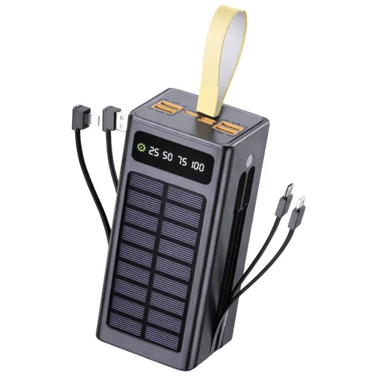 Power Bank Solar 50000 mAh con Carga Rápida PD 22.5W, Cables Integrados Tipo C y Lightning