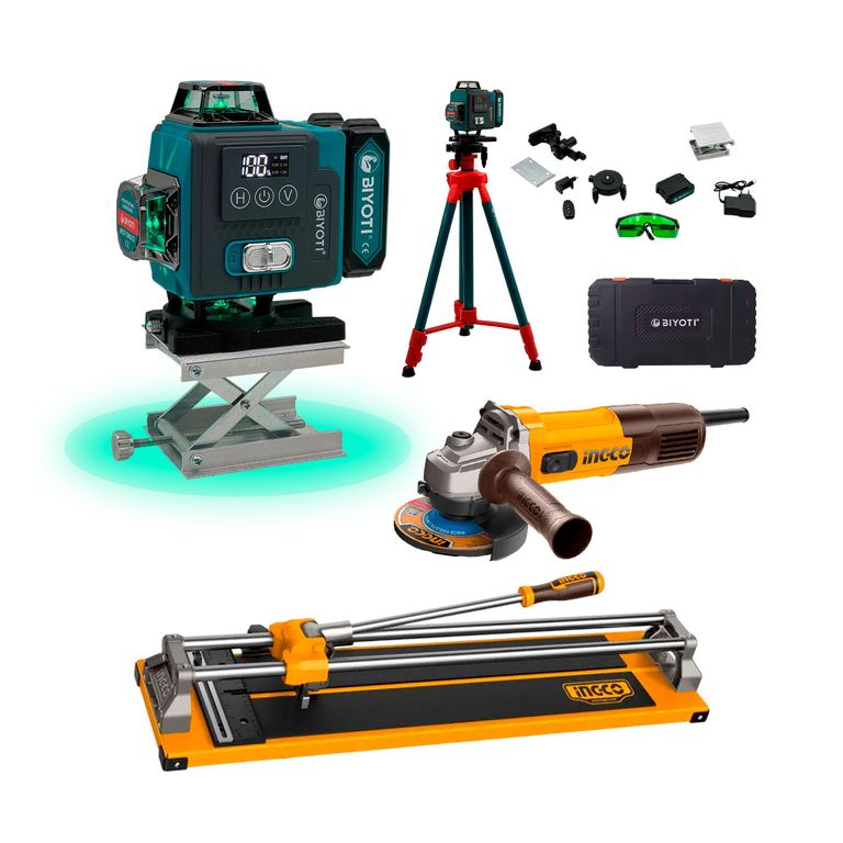 Combo Nivel Láser 360° + Cortadora De Mayólica + Amoladora