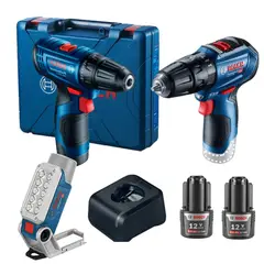 BOSCH - Taladro Percutor GSB 12V-30 + Atornillador Taladro Percutor GSB 120-LI + Linterna LED GLI 12V-330