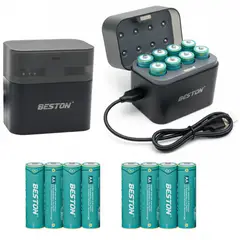 BESTON - Cargador de pilas recargables Hibrido (Ni-mh y Li-ion) + 8 pilas AA