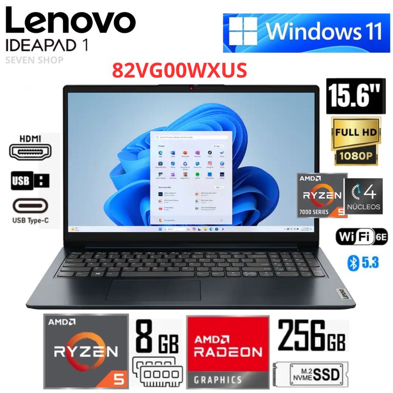 Laptop Ideapad 1 15AMN7 AMD Ryzen 5-7520U 8GB RAM 256GB SSD 15.6" FHD - 82VG00WXUS