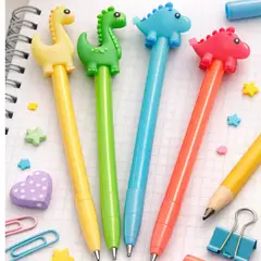 GENERICO - Lapicero de Tinta Líquida con Borrador Dinosaurio Pack x12 Colores Surtidos