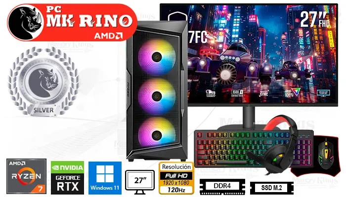 Computadora Enovu Ryzen 7 8700F AX61 Elite 16GB 512GB SSD 27" RTX 3050 6GB Windows 11 Pro