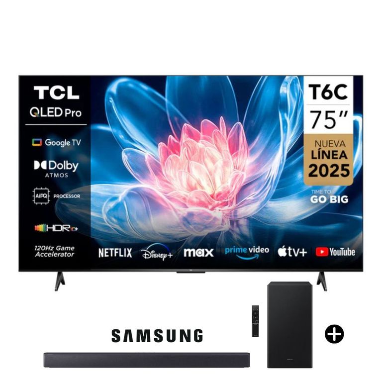 Televisor QLED 75 UHD 4K Smart TV 75T6C- GOOGLE TV+Soundbar Samsung B450F