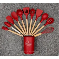 GENERICO - Set De 12 Utensilios De Cocina De Silicona Antiadherente Premium - Color Rojo