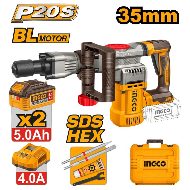 MARTILLO DEMOLEDOR BRUSHLESS INGCO 20V 35MM 16J SDS HEX + 2 BATERÍAS 5.0AH CDBLI203582