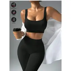 GENERICO - Conjunto deportivo Rib Top y Legging Set para el gym yoga negro