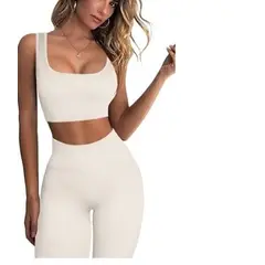 GENERICO - Conjunto deportivo Rib Top y Legging Set para el gym yoga beige