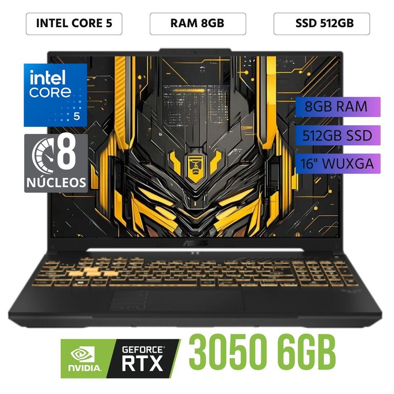 Laptop TUF Gaming F16 Intel Core 5 - 210H, 16"WUXGA, Ram 8GB, 512GB SSD,RTX 3050 6Gb, FreeDos