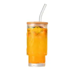 INSPIRA - Vaso de Vidrio Borosilicato Texturizado con Tapa de Bambú y Sorbete
