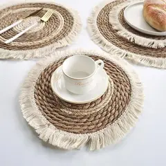 ELMEJORPRECIO - Individual Redondo de Fibra Natural para Mesa Borlas