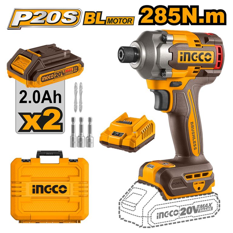 ATORNILLADOR DE IMPACTO BRUSHLESS INGCO 20V 285NM + 2 Baterías 2.0AH CIRLI2028