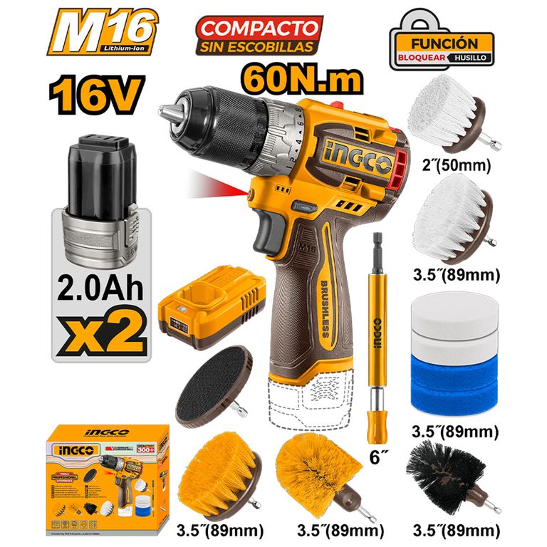 TALADRO ATORNILLADOR INALÁMBRICO 16V 60NM + 2 BATERÍAS 2.0AH + CEPILLOS DE LIMPIEZA COSLI240786