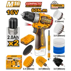 INGCO TOOLS - TALADRO ATORNILLADOR INALÁMBRICO 16V 60NM + 2 BATERÍAS 2.0AH + CEPILLOS DE LIMPIEZA COSLI240786