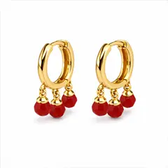 GENERICO - Aretes argolla con muranos rojos en acero inoxidable para mujer