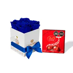 AIROSA - Rosas Preservadas Divina - Box x4 Azul Royal + Chocolates Lindt