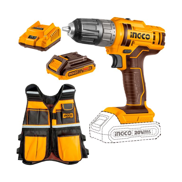 Taladro Atornillador 20v + Chaleco Portaherramientas + 1 Batería 2.0ah