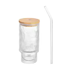 HYGGE - Vaso de Vidrio Borosilicato Texturizado con Tapa de Bambú y Sorbete