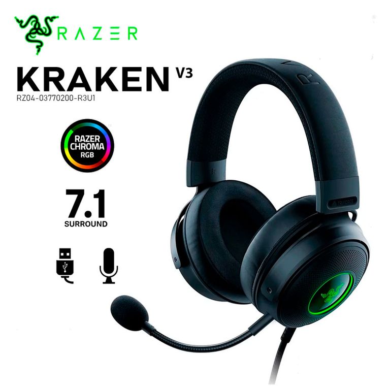 KRAKEN V3 7.1 USB Chroma Audífonos Multiplataforma - Negro (RZ04-03750300-R3U1)