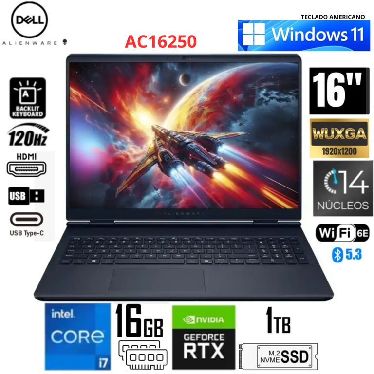 ALIENWARE AURORA 16 AC16250 GAMING Core 7 240H 1TB SSD 16GB 16" 120Hz WIN11 RTX 5050
