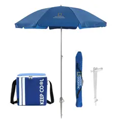 NATIONAL GEOGRAPHIC - Pack Sombrilla NatGeo para Playa Proteccion UV Alta + Cooler Portatil Termico Azul