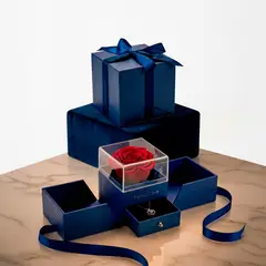 AIROSA - Joyero Eterno - Rosa Preservada Roja + Collar Acero Inoxidable + Box Azul Royal