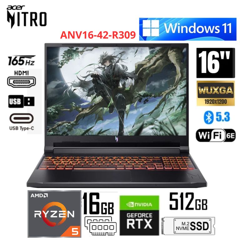 Laptop Nitro V16 AI ANV16-42-R309 AMD Ryzen 5 240 512GB 16GB RTX 5050 16" WUXGA