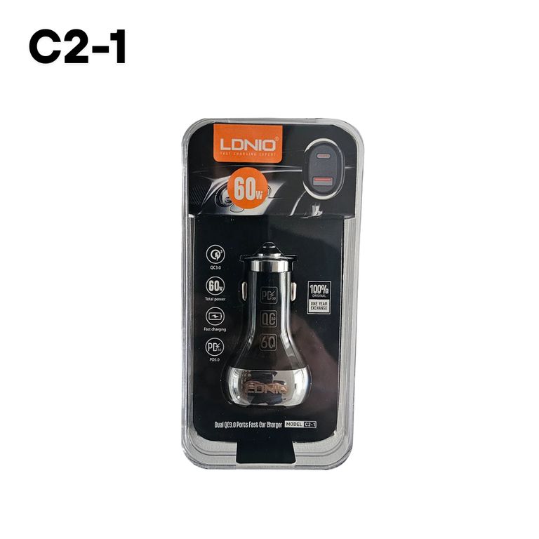 Cargador para auto C2-1 de doble entrada USB y USB-C de 60W