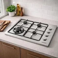 GENERICO - Encimera a Gas 4 Hornillas con Triple Corona en Acero Inoxidable – Potencia y Diseño para tu Cocina