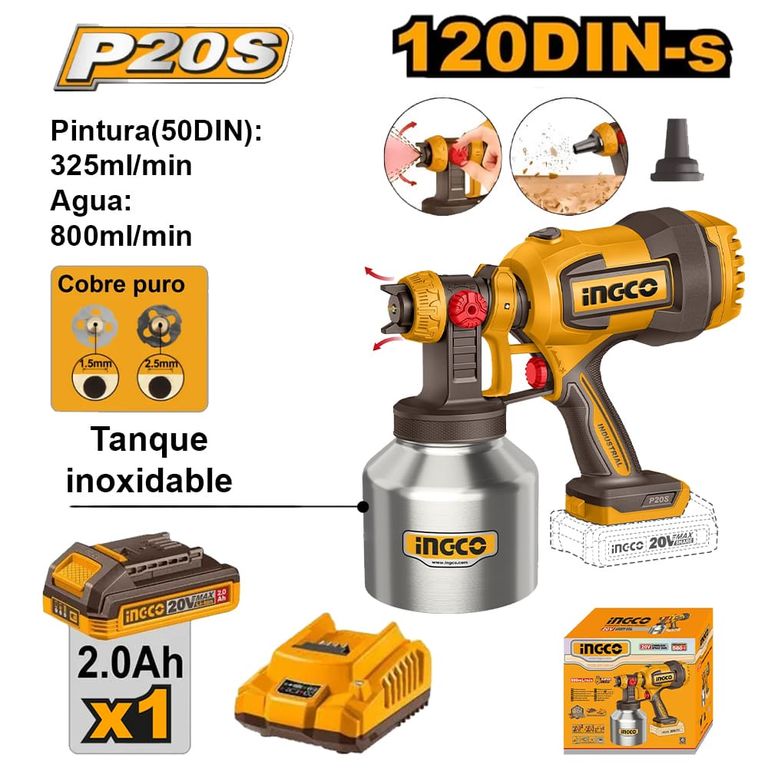 PISTOLA PARA PINTAR TANQUE INOXIDABLE INGCO 20V 800MLMIN 120DIN-S + BATERÍA 20AH + CARGADOR CSGLI20041