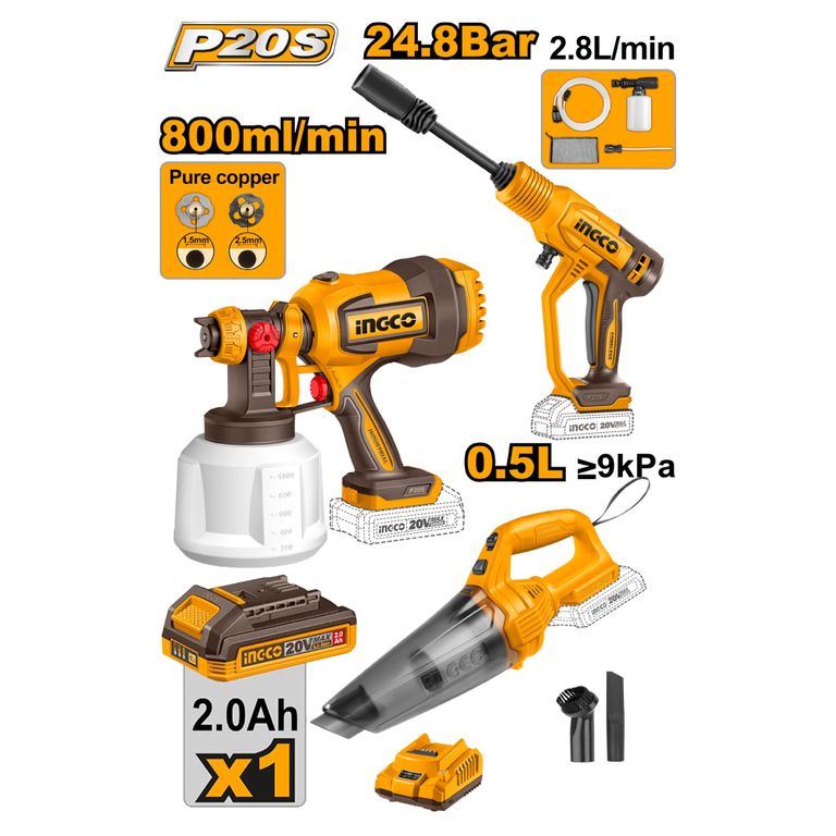 COMBO PISTOLA DE PINTAR INGCO CSGLI2004 + HIDROLAVADORA CPWLI20362 + ASPIRADORA CVLI201261