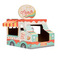 QHALITECH - CASA DE CARTON PARA GATOS CON RASCADOR CAMIÓN DE COMIDA