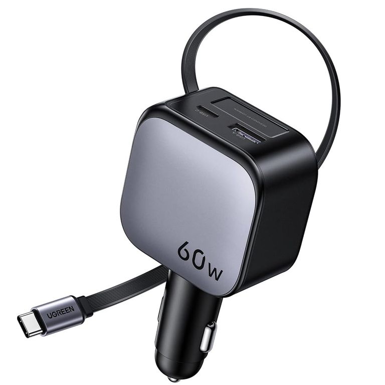 Cargador de Auto EC602 55212B Nexode 60W con Cable Retractil Gris