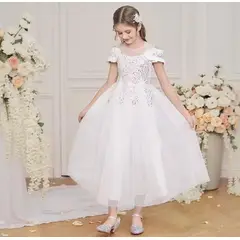 ARELYS - Vestido Niña Blanco Con Brillantes Talla 14