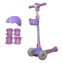 GENERICO - Scooter Infantil Musical LED con Llantas Anchas + Casco Rodilleras y Coderas de Regalo Morado & Rosado
