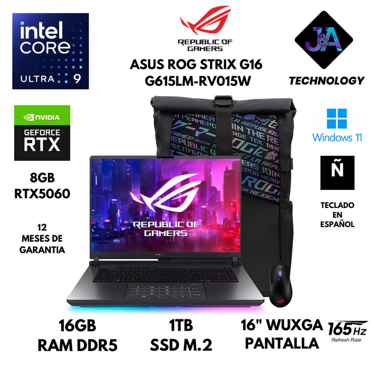 LAPTOP ROG STRIX G16 G615LM-RV015W ULTRA 9 275HX 16GB RAM 1TB SSD 8GB RTX5060 16" WUXGA LATINA