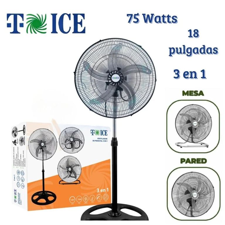Ventilador T-ICE 75 Watts, 3 en 1 Pedestal, Mesa y Pared