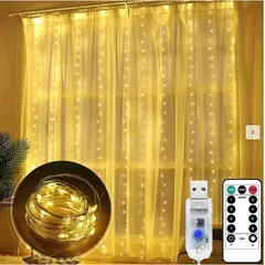 GENERICO - Luces Led Cortina 3 X 3 Mt Luz Amarilla Decoración con Cable USB y Control