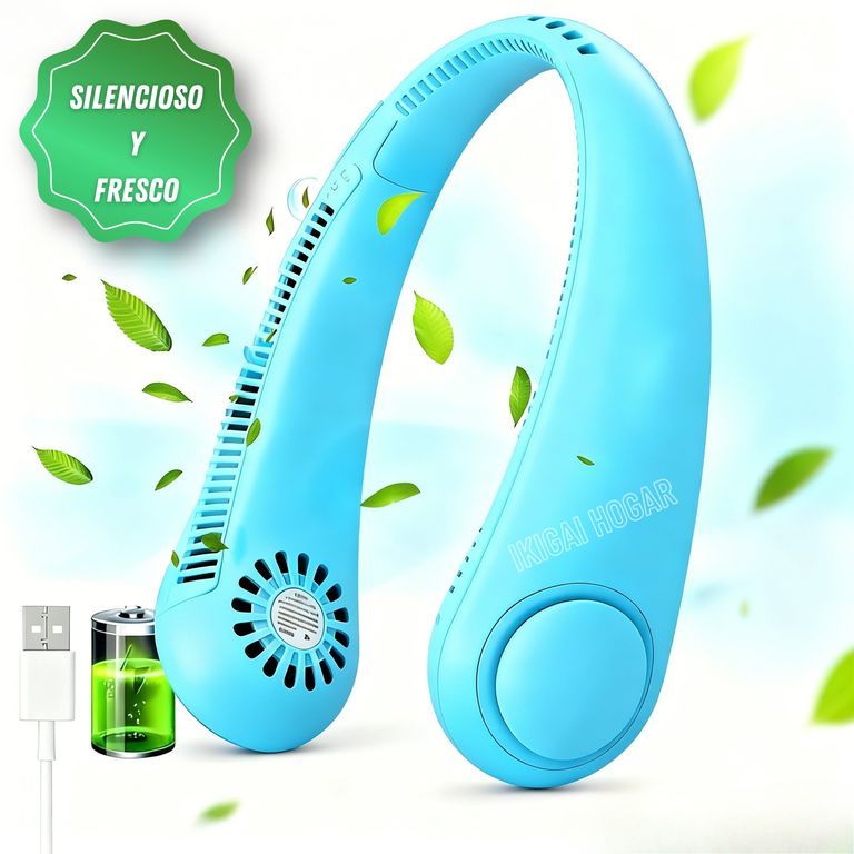 Ventilador De Cuello Portátil y Recargable De 03 Velocidades - Celeste