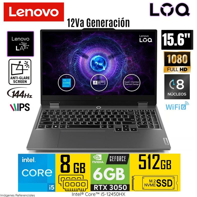 Laptop Gamer LOQ Intel Core i5 12450HX 8GB RAM 512GB SSD 6GB RTX 3050 15.6" FHD