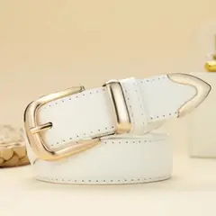 GENERICO - Correa Cinturón de Mujer Blanco Elegante con Hebilla Metálica Dorada