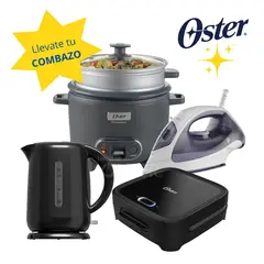 OSTER - Combo Olla Arrocera 1.8 LT + Hervidor 1.7 LT + Plancha a Vapor + Sandwichera Compacta