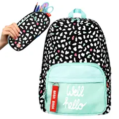 BASA - Mochila Escolar + Cartuchera Fantasy Negro con Verde -