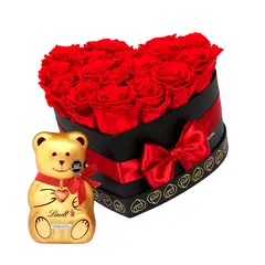 AIROSA - Corazón Eterno - Box 17-20 Rosas Rojas + Chocolate Lindt Teddy 100g